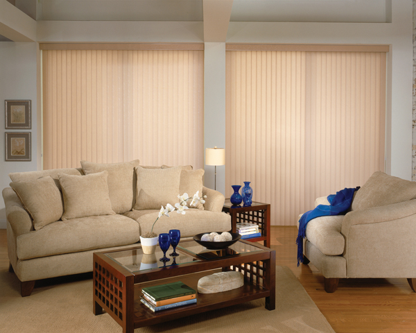 Living room with light-filtering vertical shades