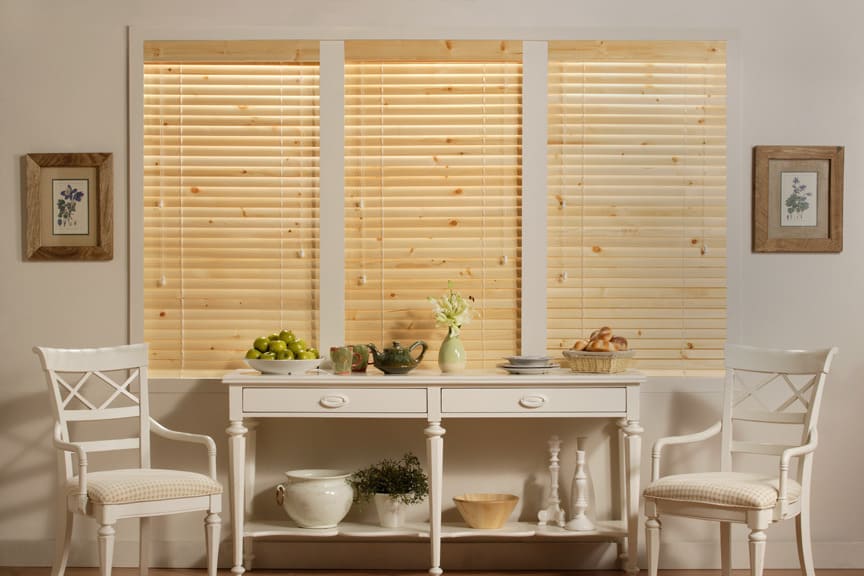Natural wood blinds in a kitchen